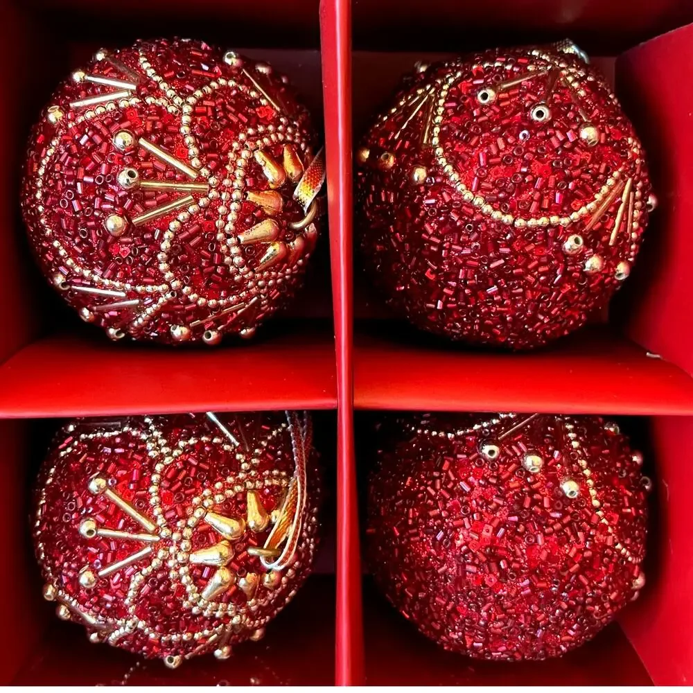 Bella Lux Red Gold Beaded Christmas Ornaments 2.5in Set of 6 Holiday Glam NEW